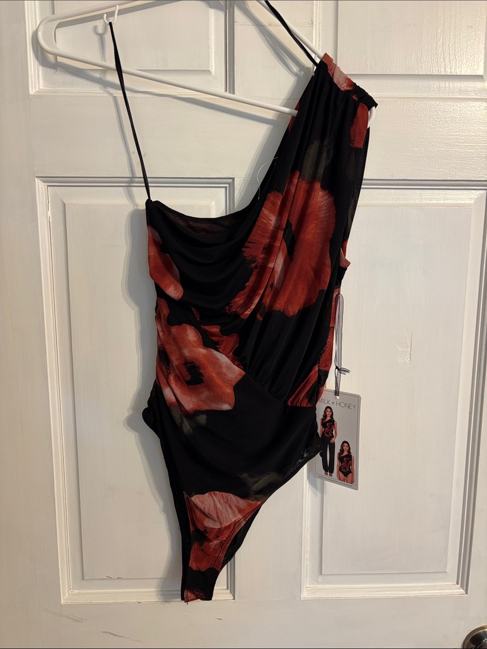 One-Shoulder Bandeau Bodysuit in Black with orange Floral Print